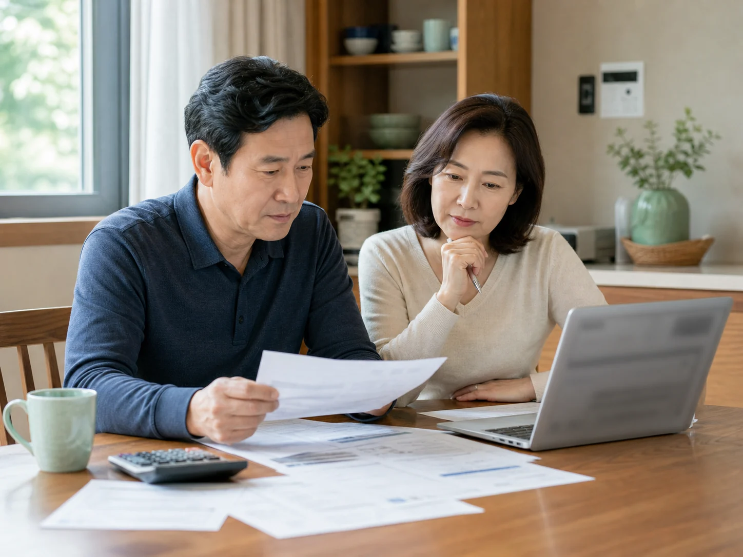 가족이 노트북과 진료비 서류를 함께 보며 치료비 계획을 세우는 장면